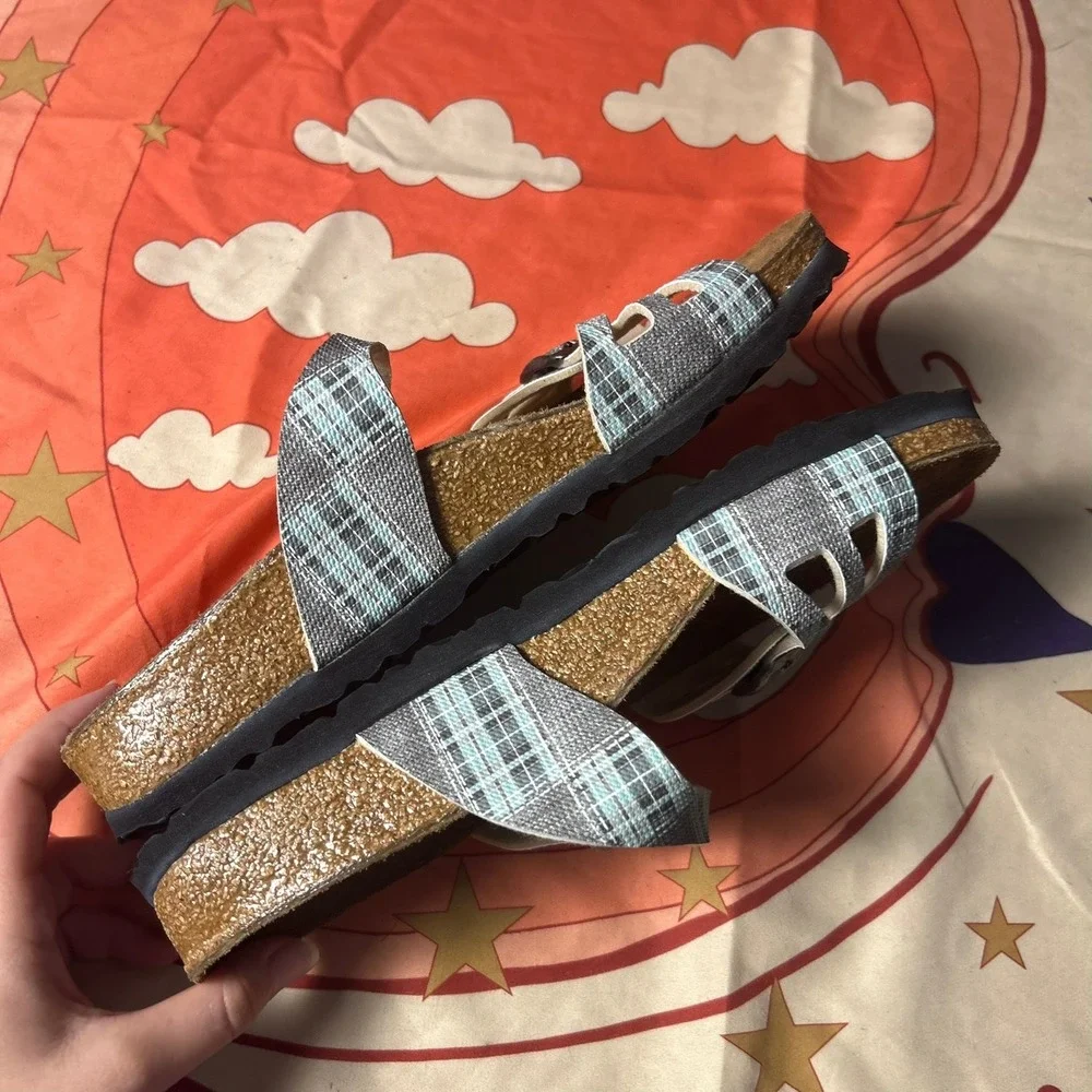 Birki's by Birkenstock Salina Sandals Blue Plaid Slide 38 7.5 Outdoors Walking